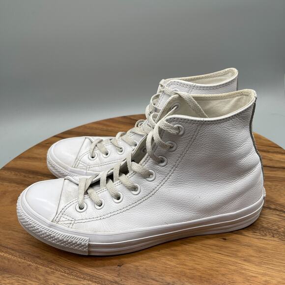 Converse Chuck Taylor All Star Hi Shoes Womens 8.5 White Leather Hi Tops Skate - Picture 3 of 8